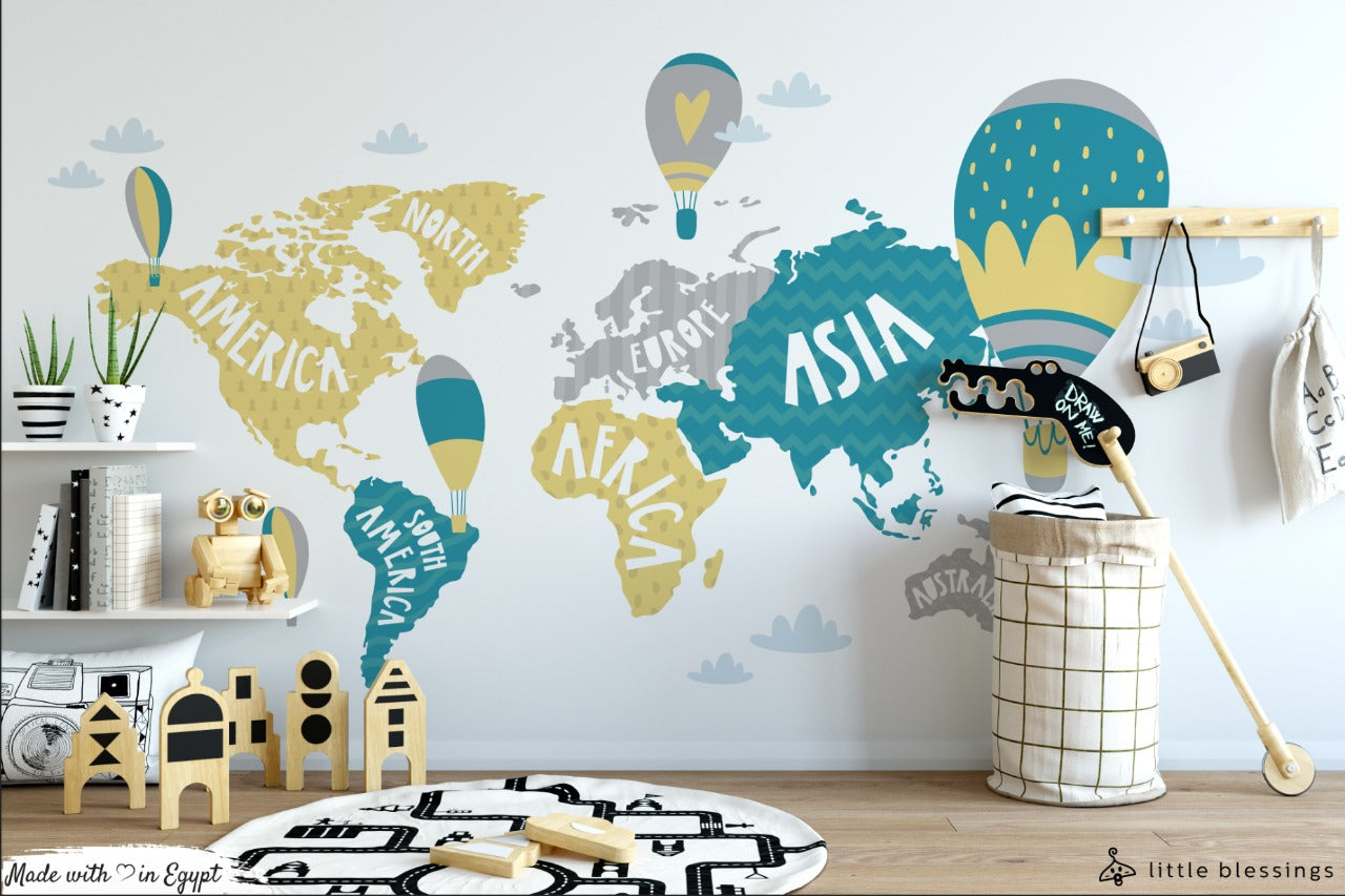 World Map & Air Balloons Wallpaper