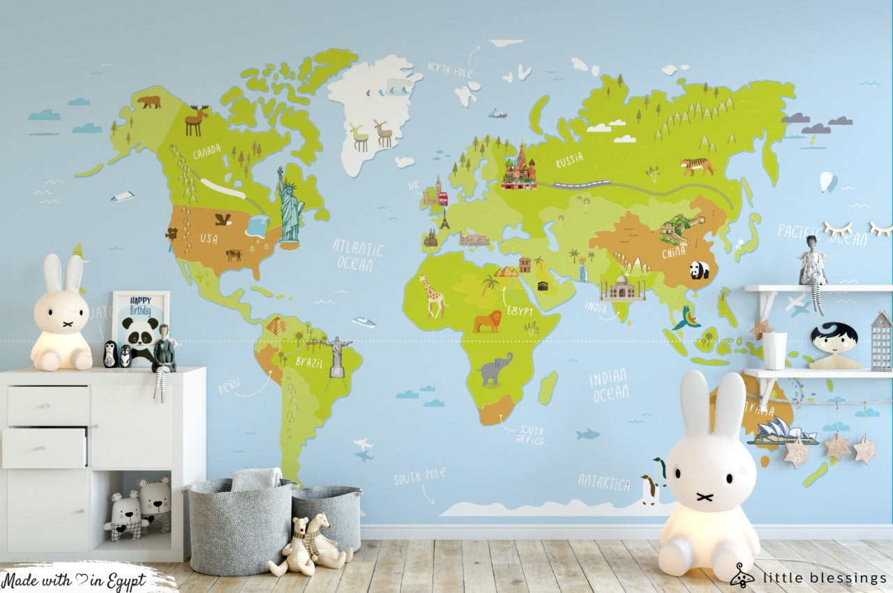 World Map & Jungle Wallpaper (White)